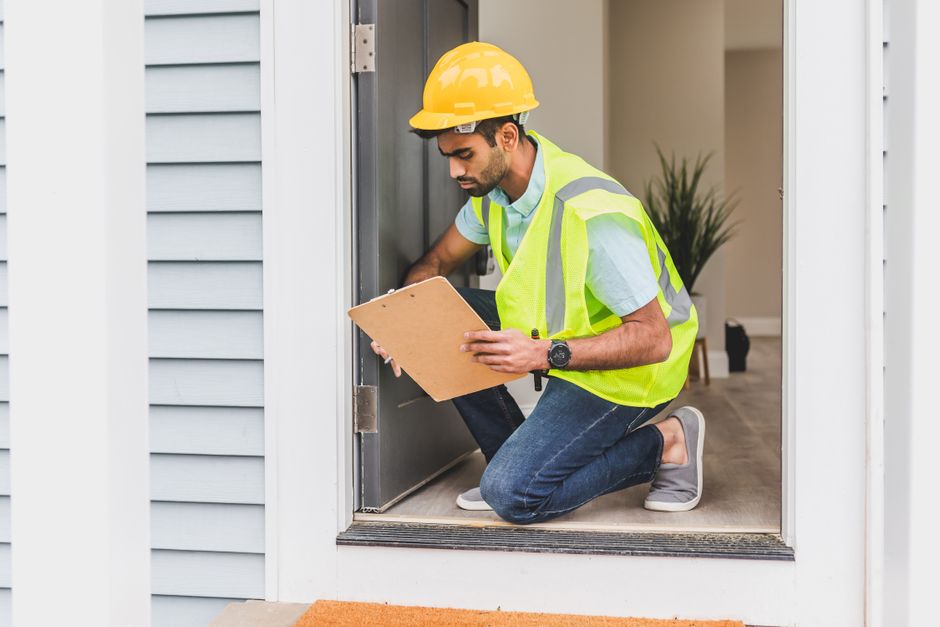 Profissional de inspeção ou avaliação de imóveis realizando vistoria na entrada de uma casa, utilizando equipamento de segurança e caderno para anotações.