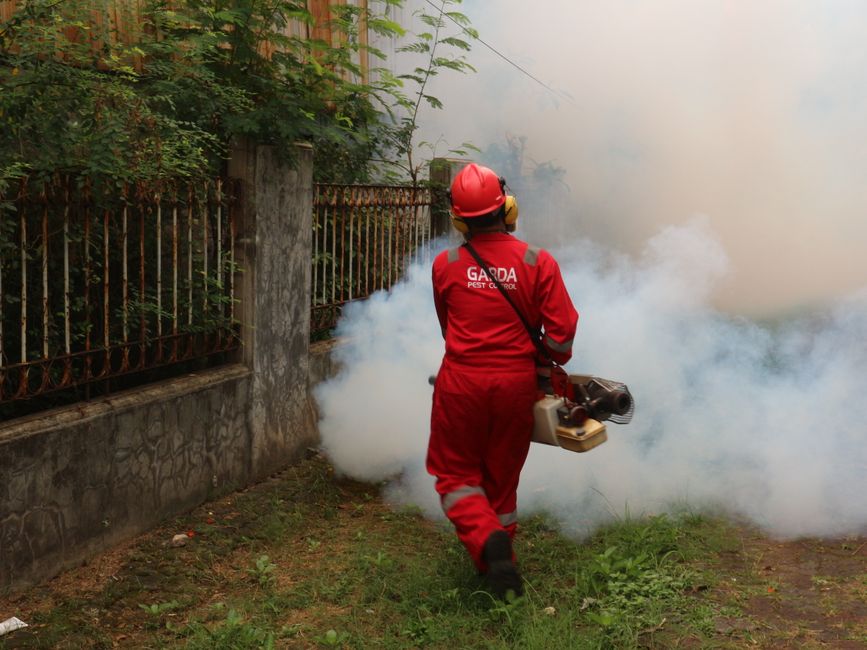 Funcionária de controle de pragas utilizando equipamento de fumigação para eliminação de insetos ao lado de uma cerca e vegetação.