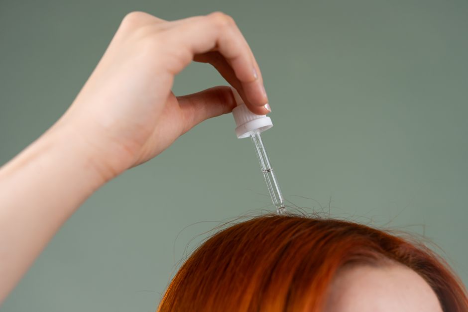 Pessoa administrando medicação ou tratamento capilar com um conta-gotas em um ambiente clínico ou de beleza.