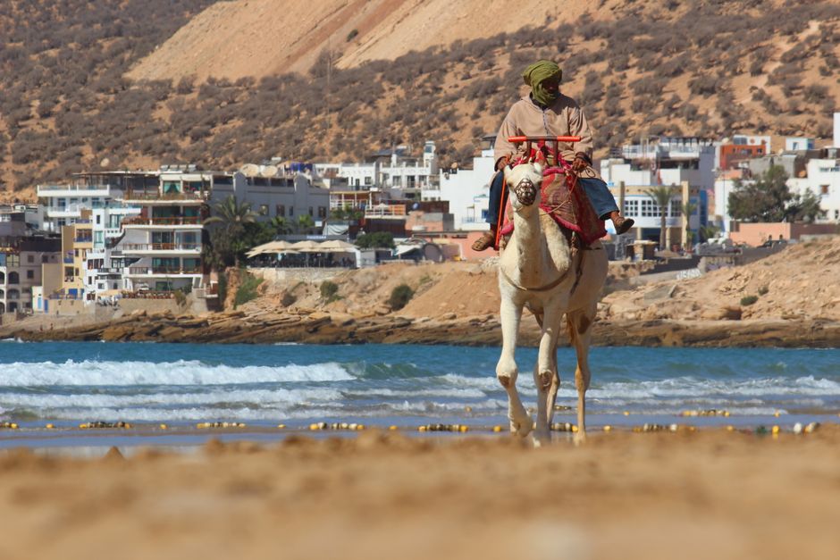 Pessoa montando cavalo na praia com cidade ao fundo, retratando cultura, turismo ou tradições locais.