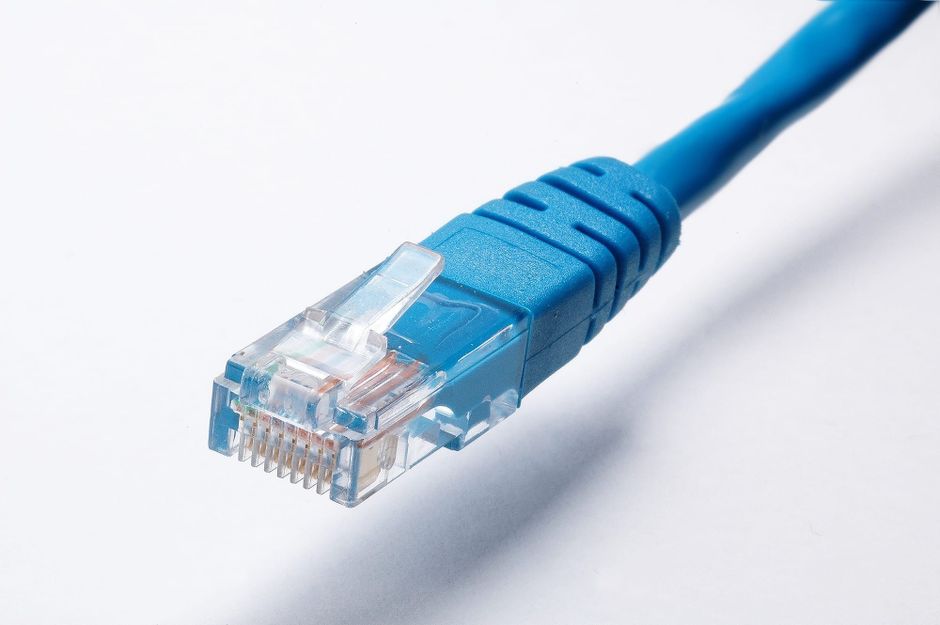Foco em um cabo de Ethernet, simbolizando conectividade digital e redes de comunicação.