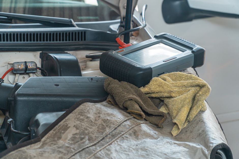 Imagem de uma ferramenta de diagnóstico automotivo sendo utilizada na manutenção de um carro, com foco na inspeção técnica do veículo.