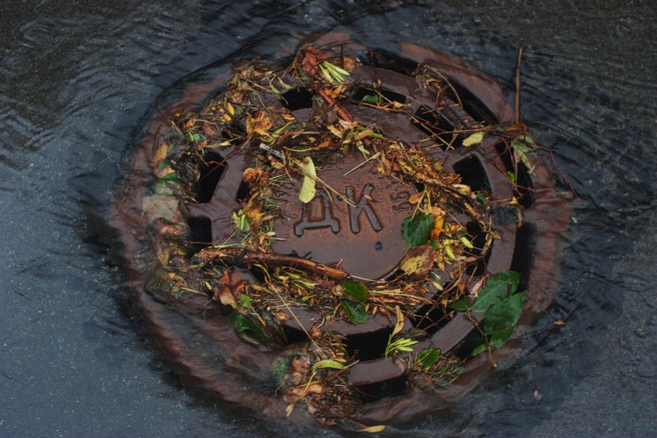 Imagem de uma tampa de rua parcialmente coberta por folhas e detritos, com água acumulada ao redor, simbolizando problemas urbanos relacionados ao saneamento e manutenção das vias públicas.