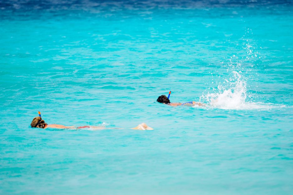 Duas pessoas praticando snorkel em águas cristalinas, explorando a vida marinha de um oceano tranquilo.