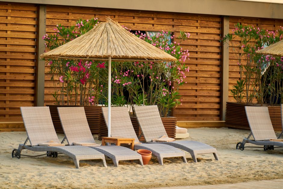Cadeiras de lounge com guarda-sol de palha em uma área externa com plantas e parede de madeira, ideal para relaxar ao ar livre.