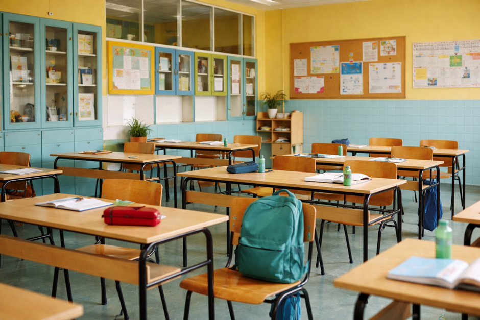Sala de aula vazia com carteiras organizadas e material escolar, pronta para receber estudantes.