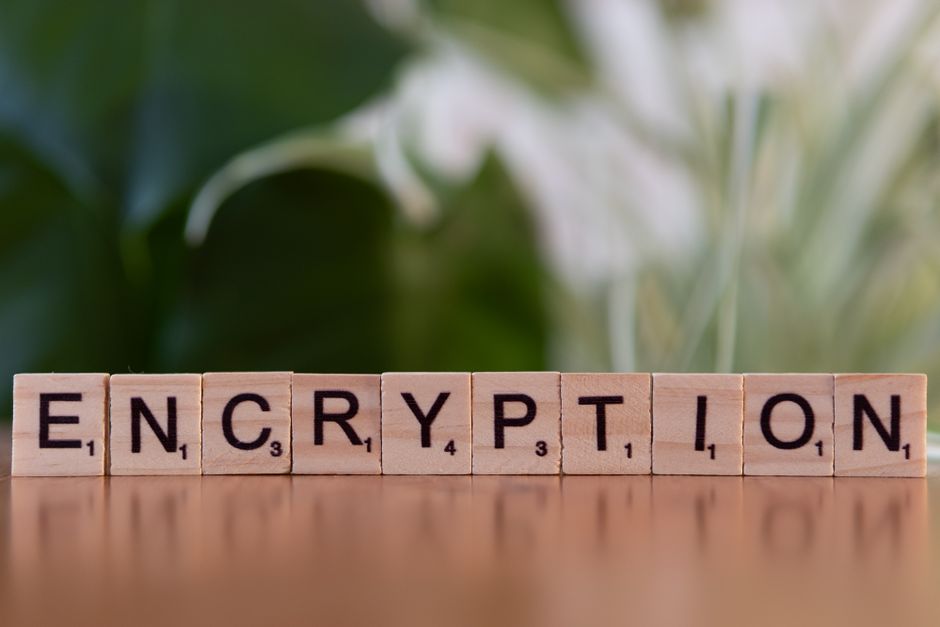 Imagem com blocos de madeira formando a palavra 'ENCRYPTION', relacionada a segurança da informação e criptografia.