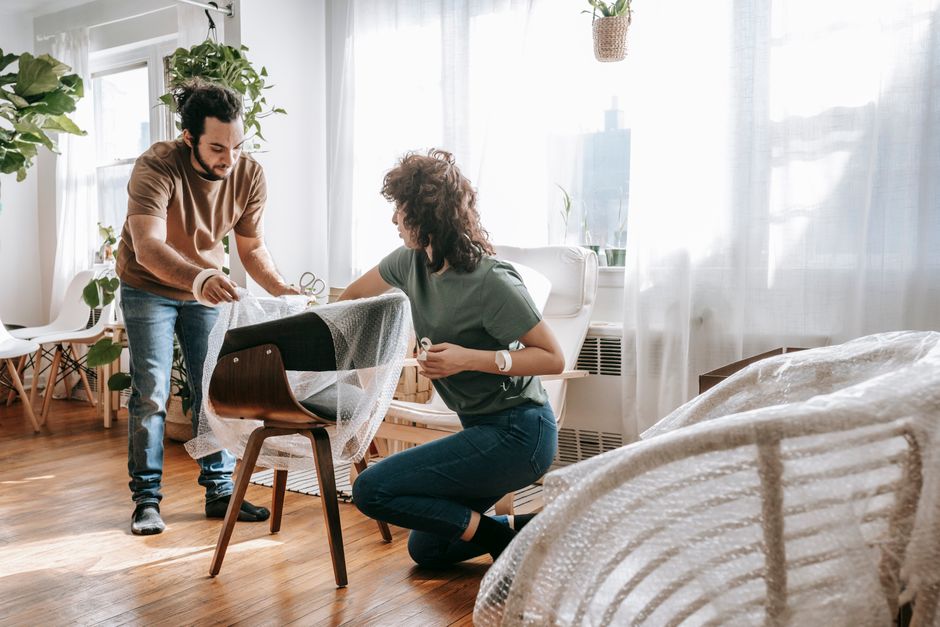 Pessoas trabalhando juntas em projeto de decoração de interiores em um ambiente bem iluminado com plantas e janelas de cortinas leves.