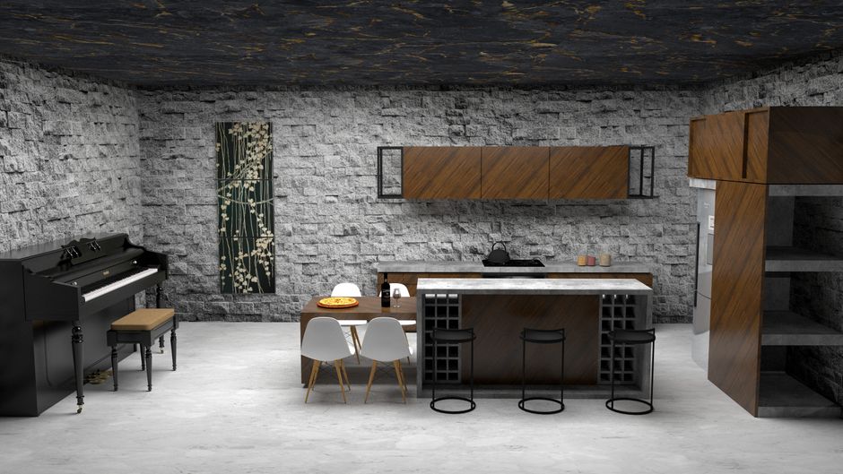 Imagem de uma cozinha moderna com detalhes de decoração em estilo industrial, incluindo uma ilha central, armários de madeira e uma parede de tijolos aparentes.