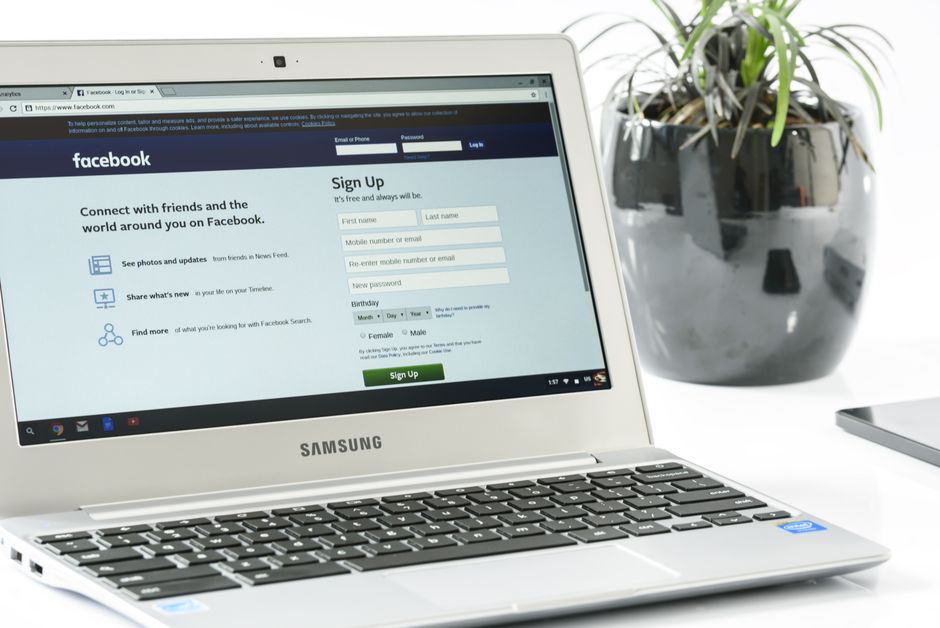 Imagem de um laptop exibindo a tela de login do Facebook, com um vaso de planta ao lado, sugerindo ambiente de trabalho ou estudo online.