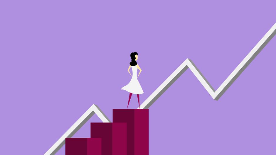 Ilustração minimalista de uma mulher em pé sobre gráficos de barras e uma linha ascendente, simbolizando crescimento e sucesso em negócios ou empreendedorismo.