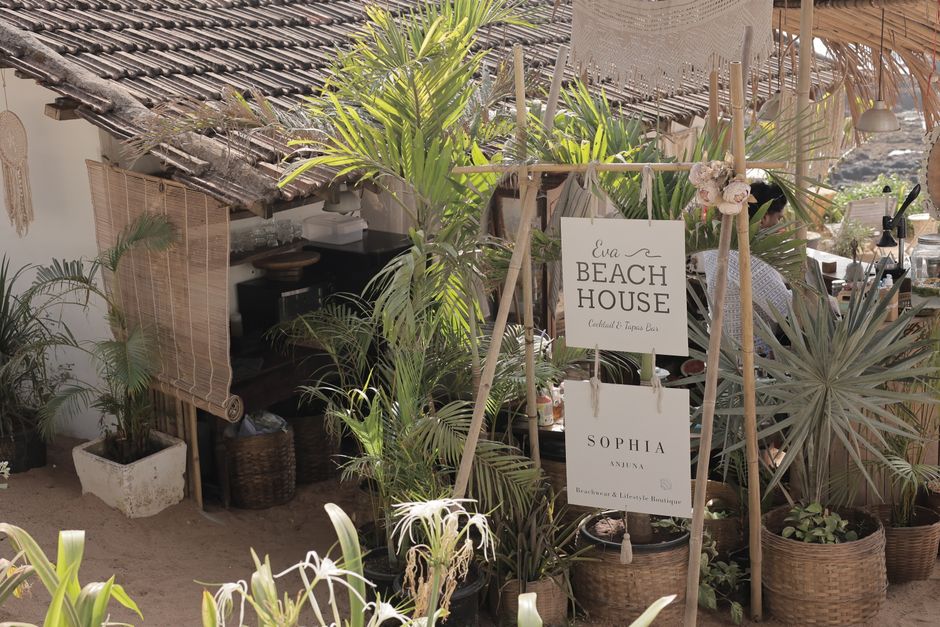 Ambiente decorado com estilo praiano, cheio de plantas tropicais e sinalização de um beach house, ideal para blog sobre turismo ou decoração de interiores com temática de verão.