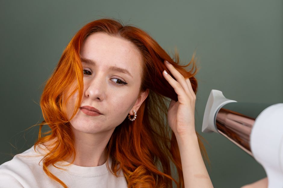 Mulher com cabelo ruivo sendo secada por um secador, em ambiente de estúdio com fundo neutro, expressando cuidado com aparência pessoal.