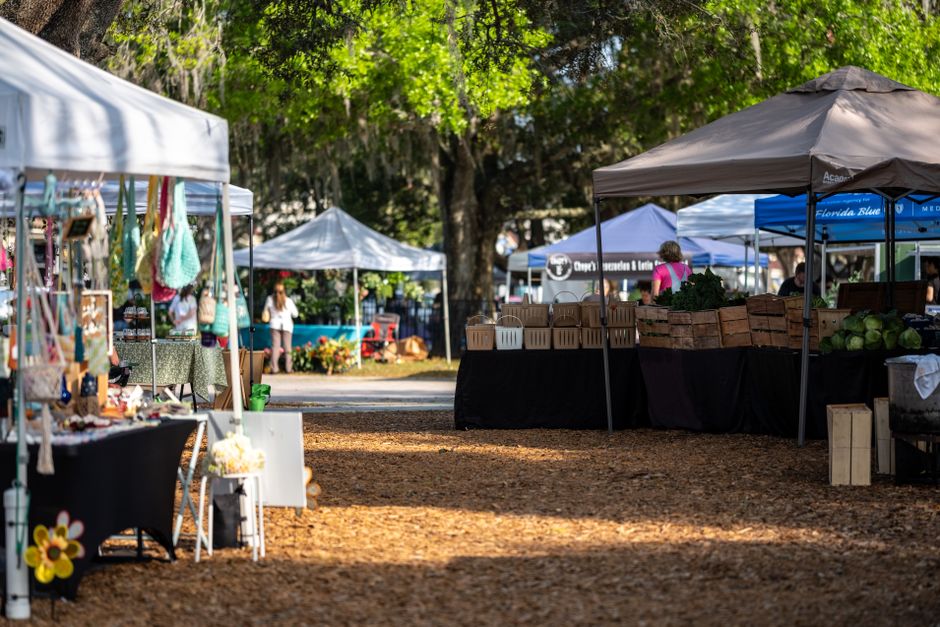 Imagem de uma feira ao ar livre com várias barracas de venda de artesanato e produtos locais em um parque com árvores verdes ao fundo.