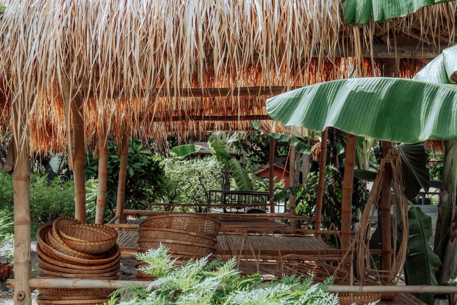 Ambiente ao ar livre com estrutura de palha e plantas tropicais, ideal para turismo ecológico ou experiências na natureza.