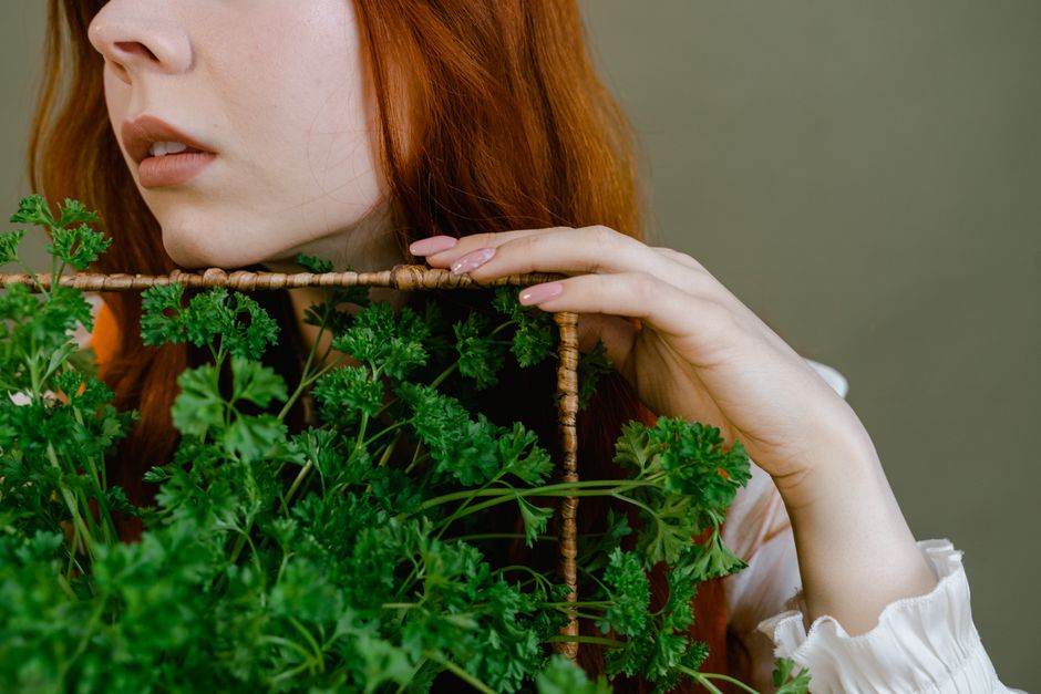 Mulher com cabelo ruivo segurando uma estrutura de madeira envolvendo plantas verdes, simbolizando harmonia entre natureza e bem-estar.