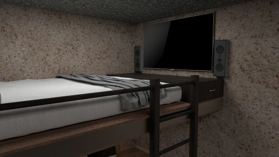 Quarto com cama e televisão, ambiente que transmite uma sensação de conforto e lazer em um espaço íntimo.