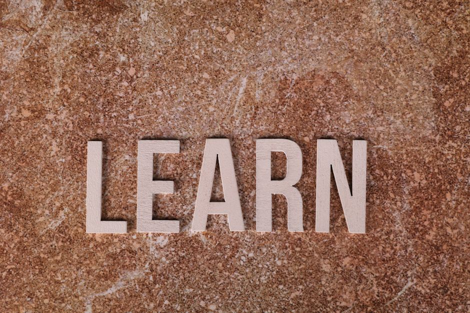 Imagem com a palavra 'LEARN' destacada em letras de madeira sobre uma superfície de pedra, simbolizando o tema de aprendizado e desenvolvimento pessoal ou profissional.