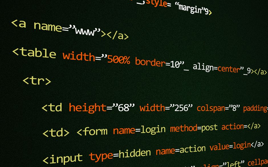 Imagem de código HTML exibido em uma tela de computador, simbolizando programação e desenvolvimento web.