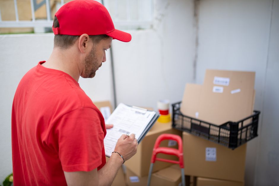 Homem verificando documentos em um ambiente de trabalho, relacionado à logística ou gerenciamento de armazenamento.