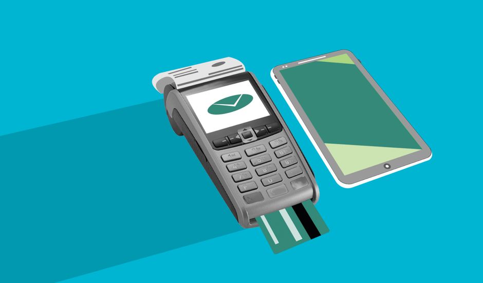 Imagem de um terminal de pagamento eletrônico e um smartphone, representando tecnologia de pagamento digital e inovação financeira.