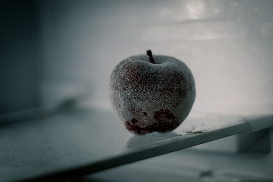 Maçã congelada sobre uma superfície, transmitindo uma sensação de frio ou congelamento de alimentos.