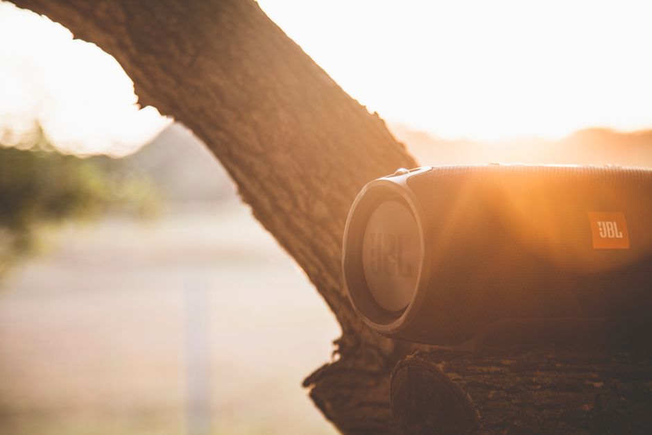 Caixa de som JBL apoiada em um tronco de árvore ao pôr do sol, transmitindo uma atmosfera de relaxamento ao ar livre.