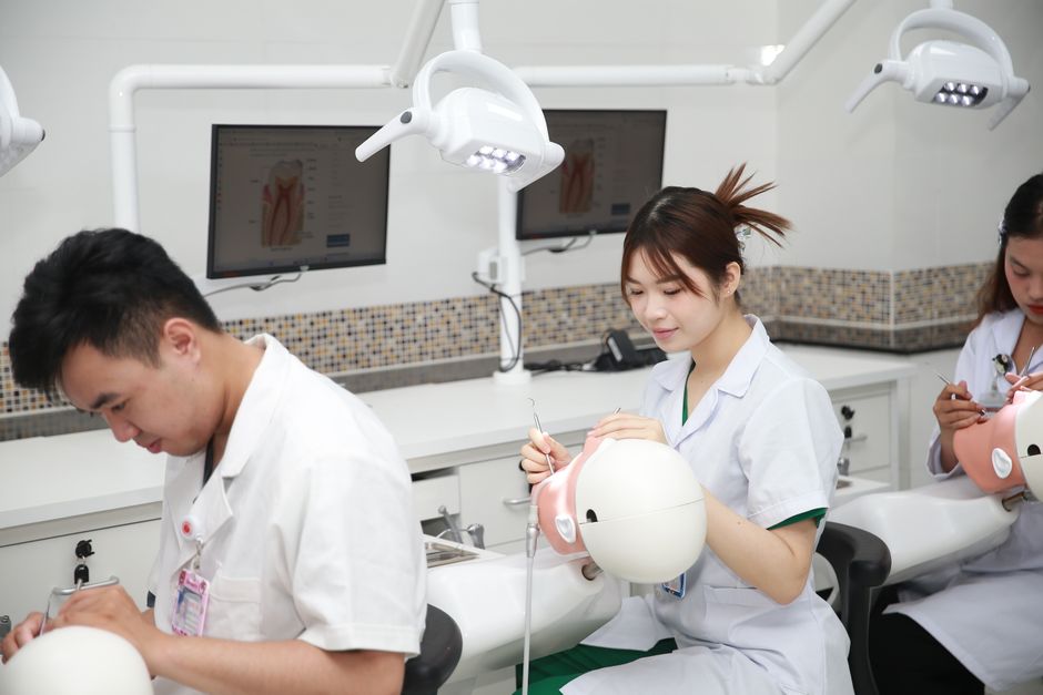 Estudantes de odontologia praticando procedimentos em modelos bucais em um laboratório dentário.