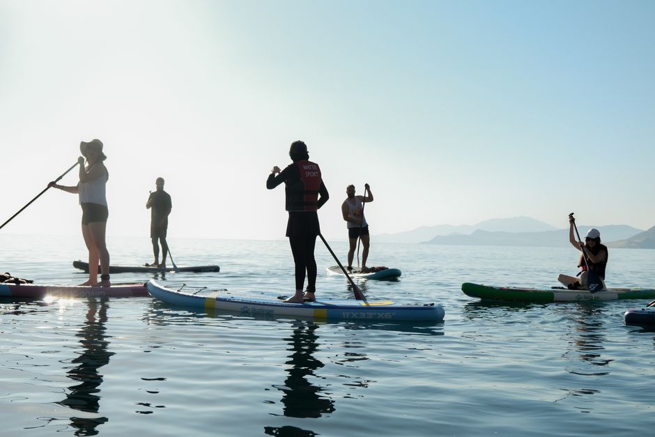 Grupo de pessoas praticando stand-up paddle surf em um cenário de mar e montanhas ao fundo, durante o dia.
