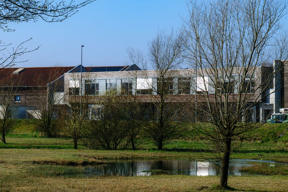 Imagem de uma área residencial com casas modernas, árvores e um pequeno lago, ideal para ilustrar sustentabilidade e urbanismo consciente.