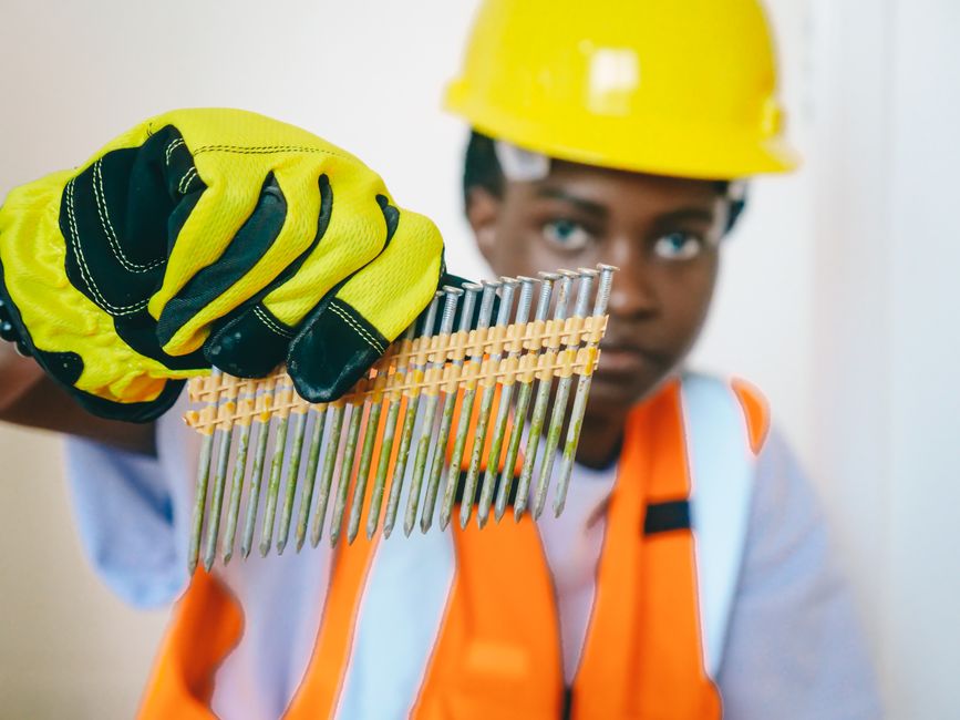 Jovem trabalhador com capacete de segurança e luvas, segurando uma ferramenta de precisão em um ambiente de construção ou manutenção.