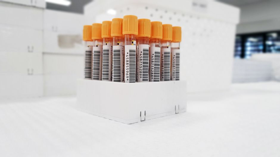 Imagem de várias amostras de sangue com tampas laranja em um ambiente clínico, simbolizando exames laboratoriais e saúde.