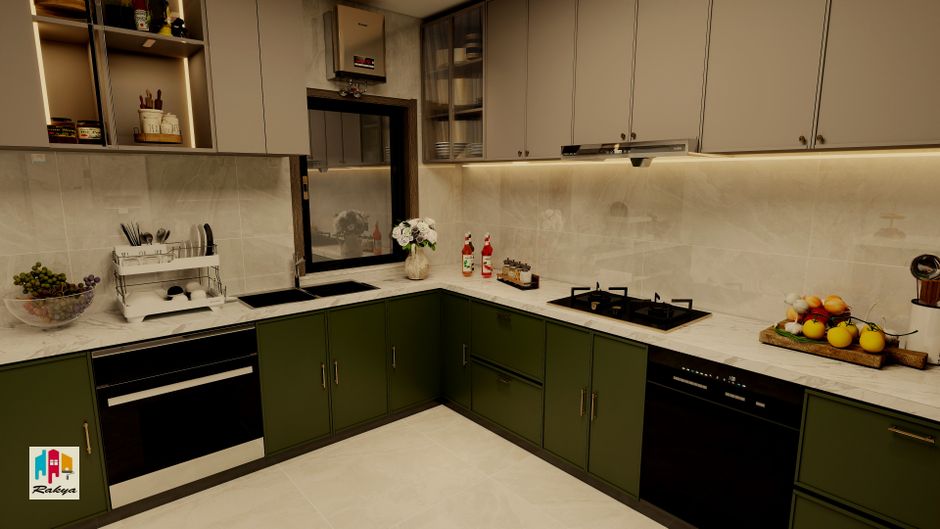 Cozinha moderna com armários coloridos, bancada de mármore e detalhes decorativos, ideal para um blog sobre design de interiores ou reformas residenciais.
