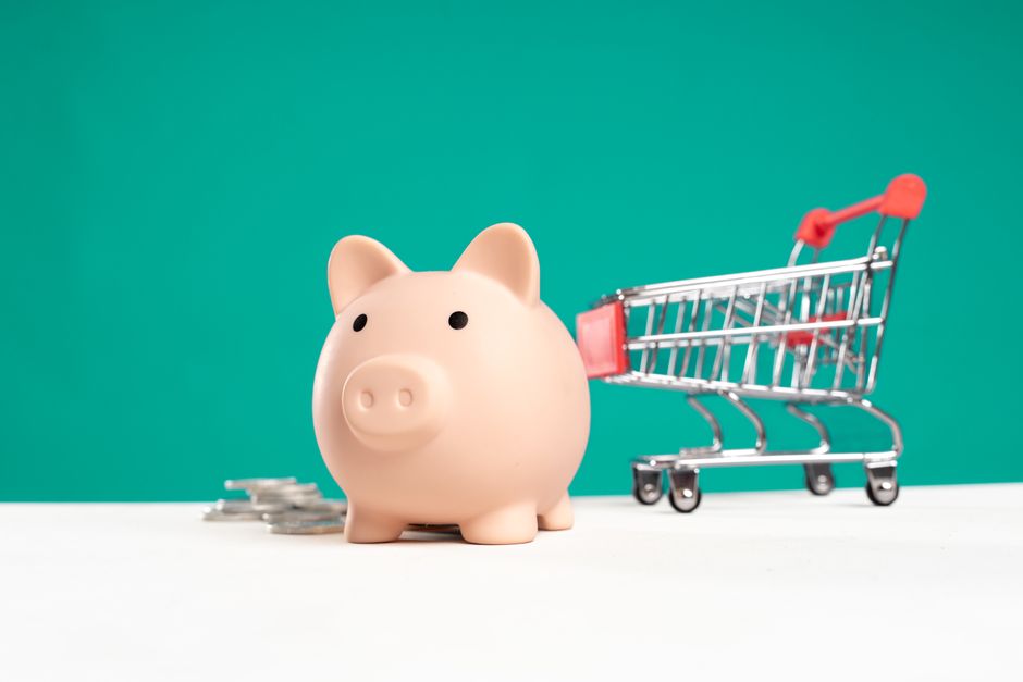 Imagem de um cofrinho de porquinho com uma miniatura de carrinho de compras ao fundo, simbolizando economia e consumo consciente.