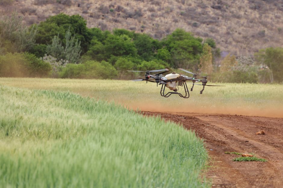 Drone sobrevoando um campo de cultivo em uma área rural, destacando a tecnologia agrícola.