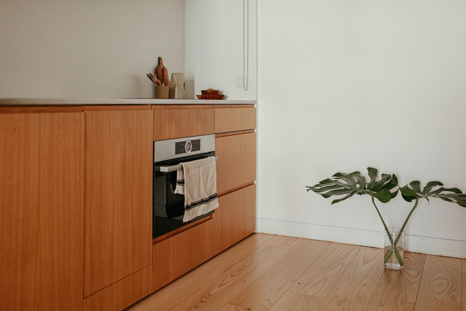 Imagem de uma cozinha moderna com armários de madeira, um forno embutido e uma planta tropical ao lado, transmitindo um ambiente clean e aconchegante para artigos sobre decoração e organização residencial.