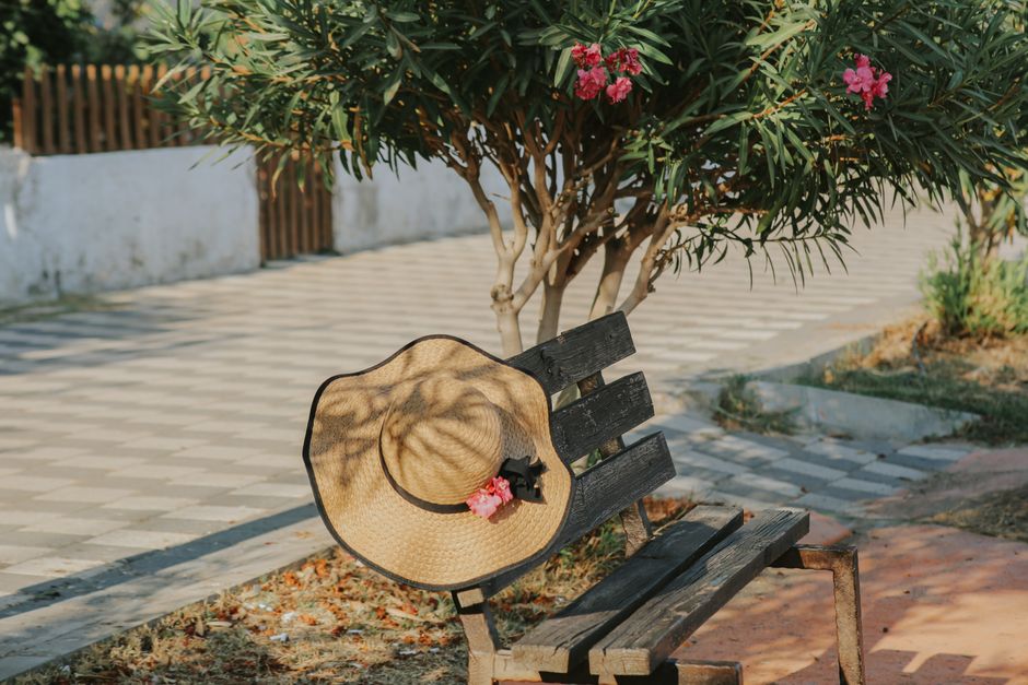Banco de parque sob uma árvore, com chapéu de palha decorativo, transmitindo tranquilidade e conexão com a natureza.