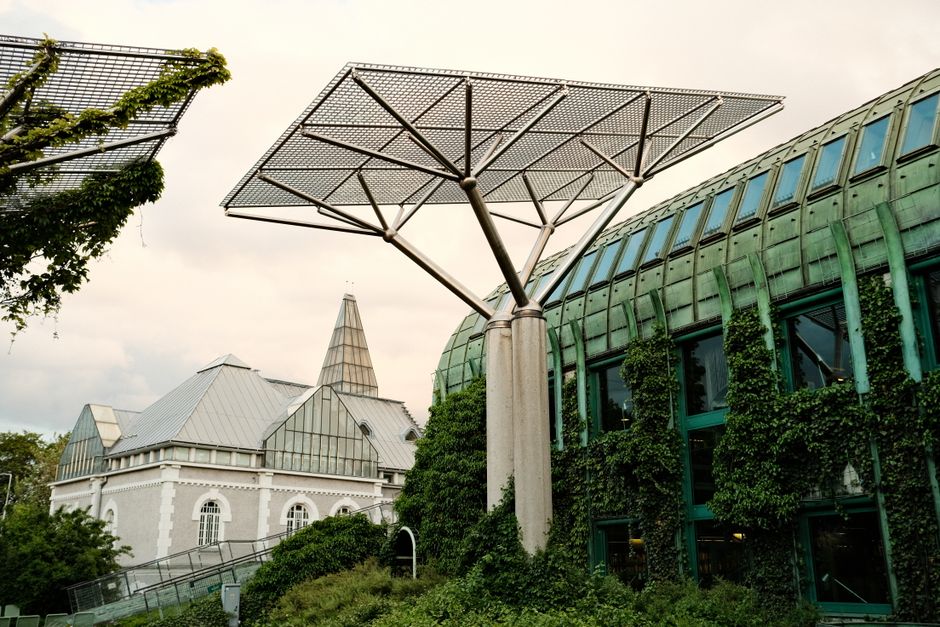 Estrutura de painéis solares em um ambiente urbano com edifícios contemporâneos e vegetação, destacando inovação e sustentabilidade.