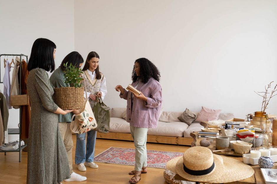 Mulheres participando de uma reunião ou workshop sobre sustentabilidade em um ambiente acolhedor e decorado com objetos naturais e minimalistas.