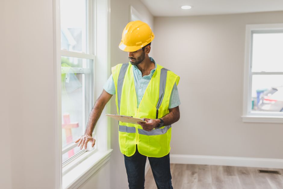 Homem engenheiro ou arquiteto inspecionando uma construção residencial, usando capacete de segurança e roupa de alta visibilidade.