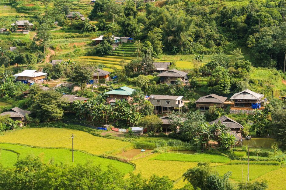 Paisagem rural com casas tradicionais e terrenos agrícolas em meio a uma vegetação exuberante e encosta de morro.