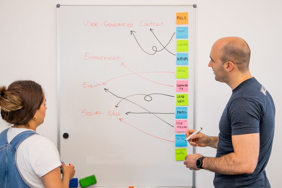 Homem e mulher discutindo estratégias de marketing digital usando quadro branco com tópicos e adesivos coloridos.