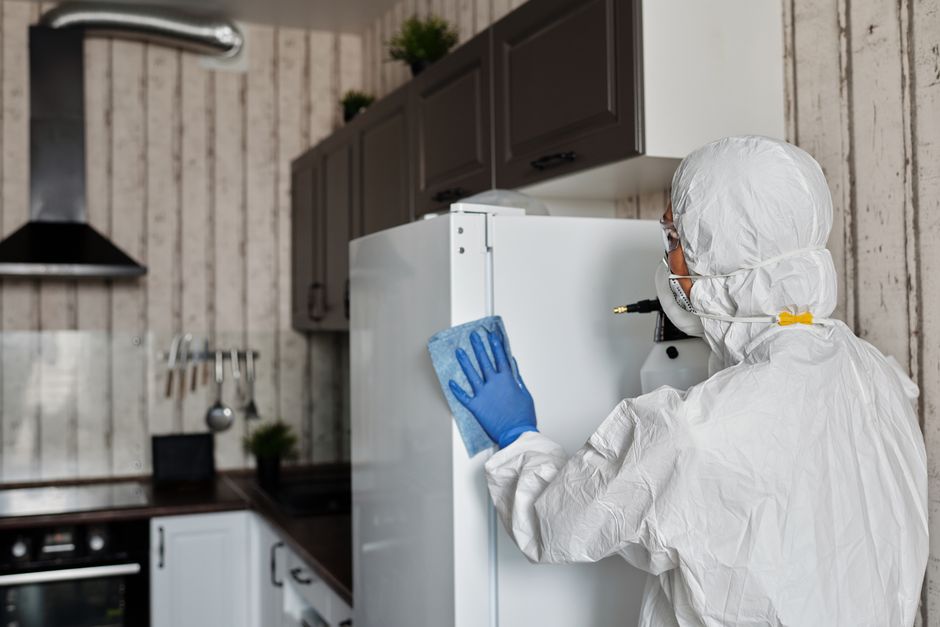 Profissional realizando higienização de geladeira em ambiente doméstico, destacando a limpeza e desinfecção de eletrodomésticos.