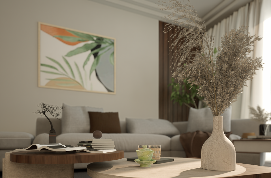 Imagem de uma sala de estar moderna e aconchegante, com decoração minimalista e elementos naturais, ideal para ilustrar temas de decoração, conforto e bem-estar em blogs de estilo de vida.