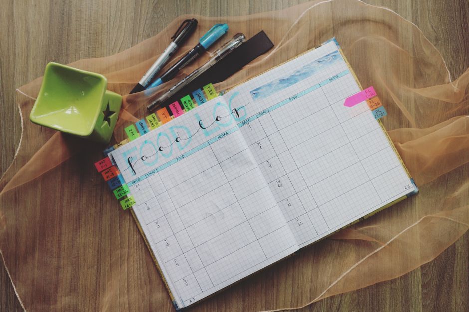 Imagem de uma organização de tarefas e planejamento semanal em um bujo, com marcadores coloridos e canetas ao lado, ideal para blog sobre gestão de tempo e produtividade.