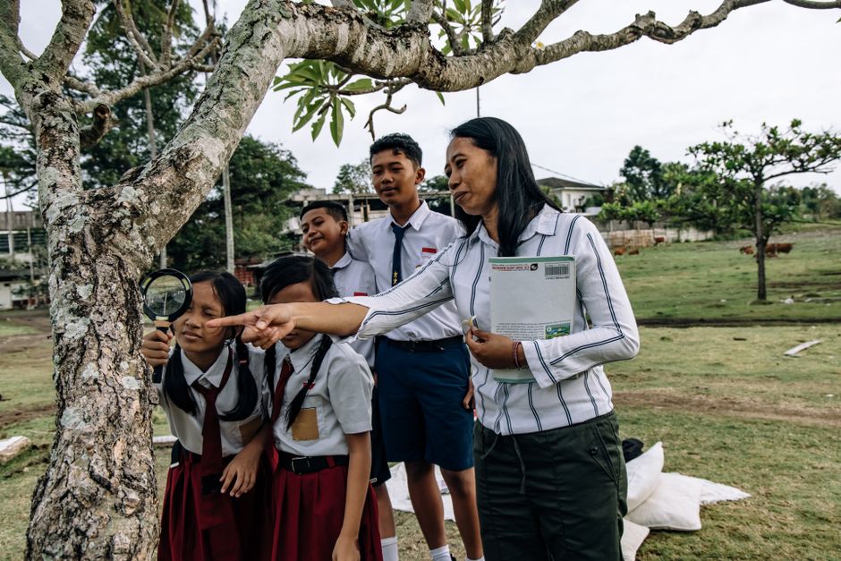 Professora mostrando à turma de estudantes de escola pública características da biodiversidade de forma interativa ao ar livre.