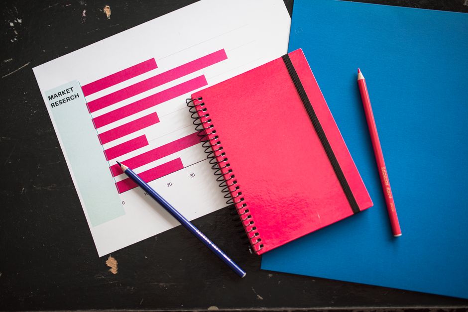 Imagem de uma mesa com materiais de análise de mercado, incluindo gráficos, caderno rosa, caneta, lápis e pasta azul, usada para ilustrar planejamento e pesquisa de mercado em um blog de negócios.