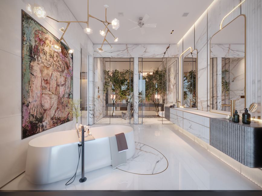 Banheira de luxo em um banheiro moderno com paredes de mármore, iluminação sofisticada e elementos de decoração elegantes.