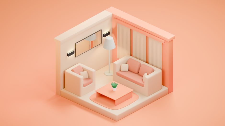Ilustração minimalista de uma sala de estar aconchegante com móveis em tonalidade rosa, transmitindo conforto e decoração moderna.