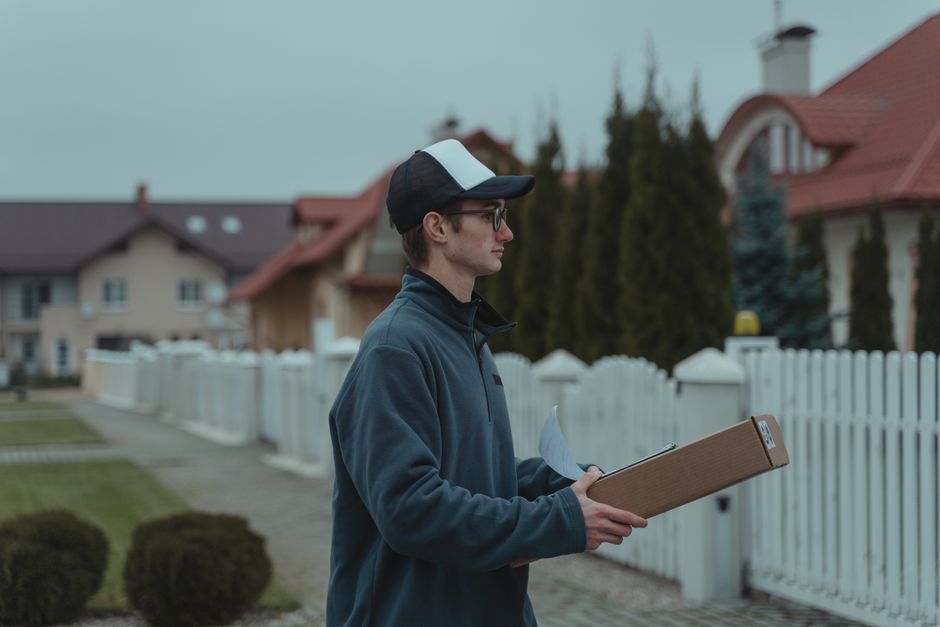 Jovem entregador realizando uma entrega ao ar livre em um bairro residencial tranquilo.